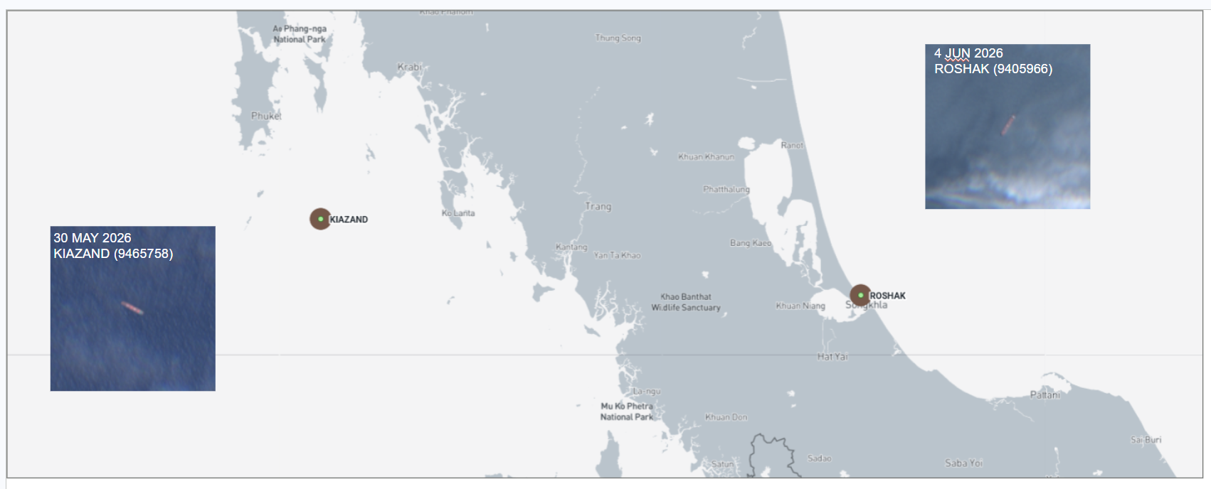 ran-flagged container ships near Thailand on June 5   (Credit: Marine Traffic and ESA Copernicus)
