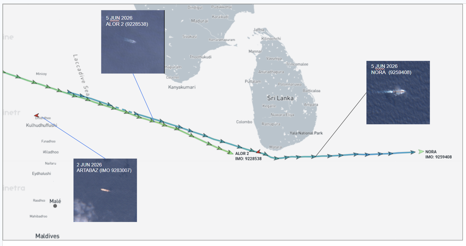 Iran-flagged container ships near the Maldives and Sri Lanka on June 5 