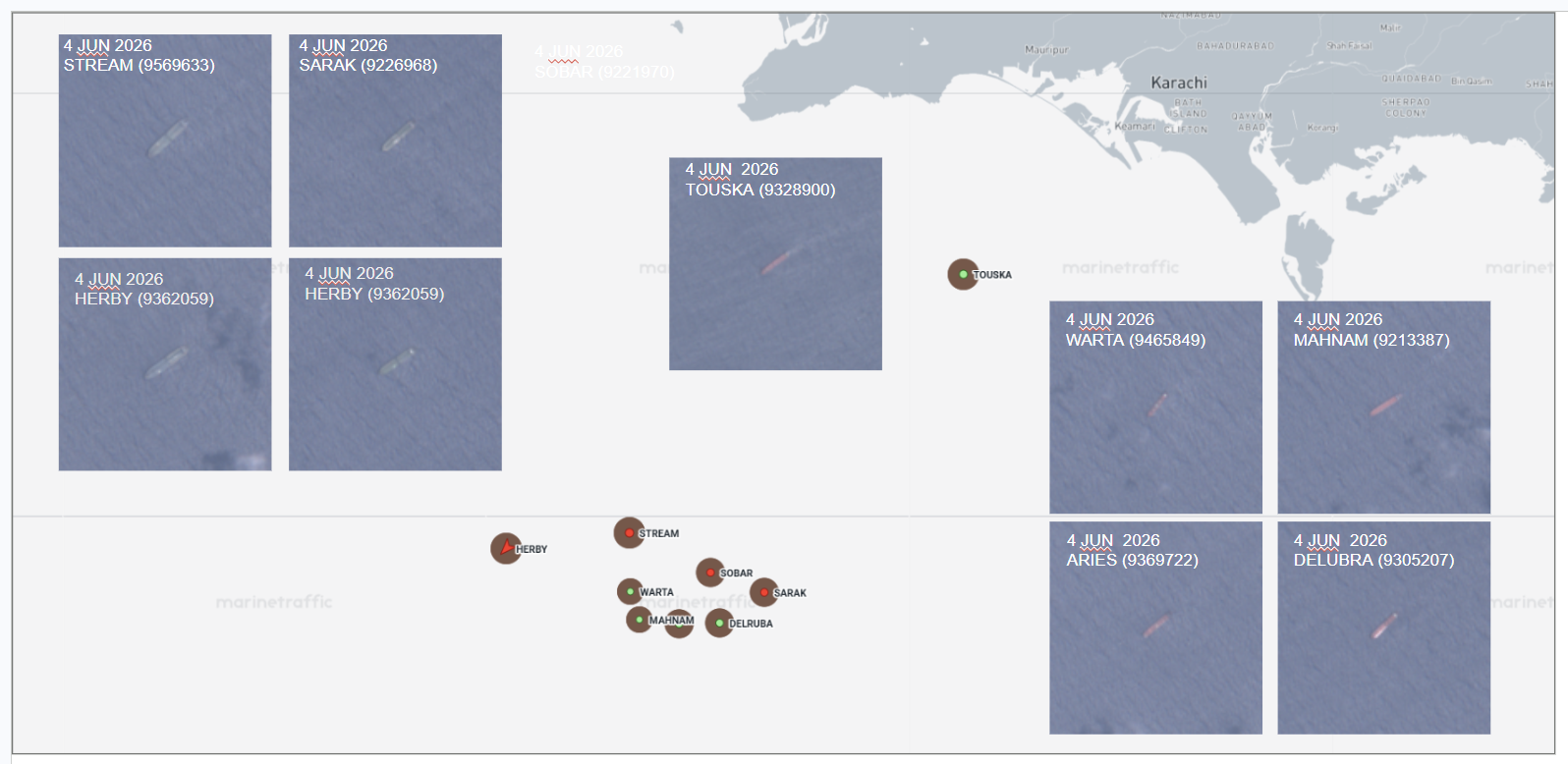 Iran-flagged cargo vessels near Karachi, Pakistan on June 5  (Credit: Marine Traffic and ESA Copernicus)