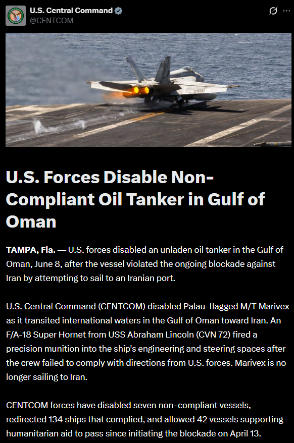 U.S. CENTCOM update on the U.S. blockade on June 8 (Credit: U.S. CENTCOM/X)