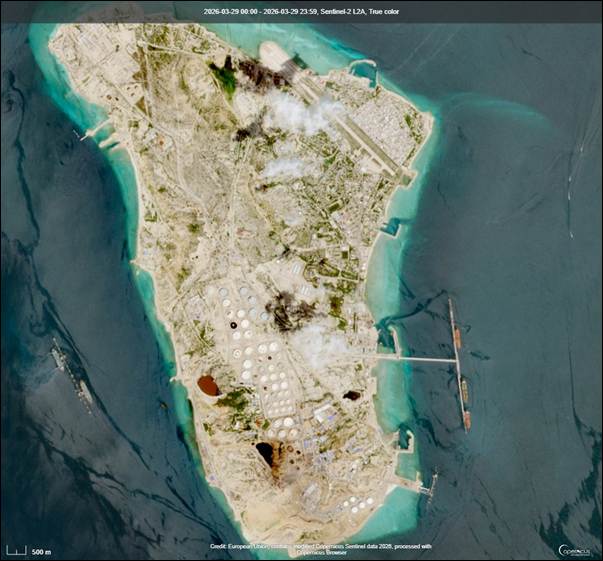 Satellite imagery of five tankers loading at Kharg Island, Iran on March 29
