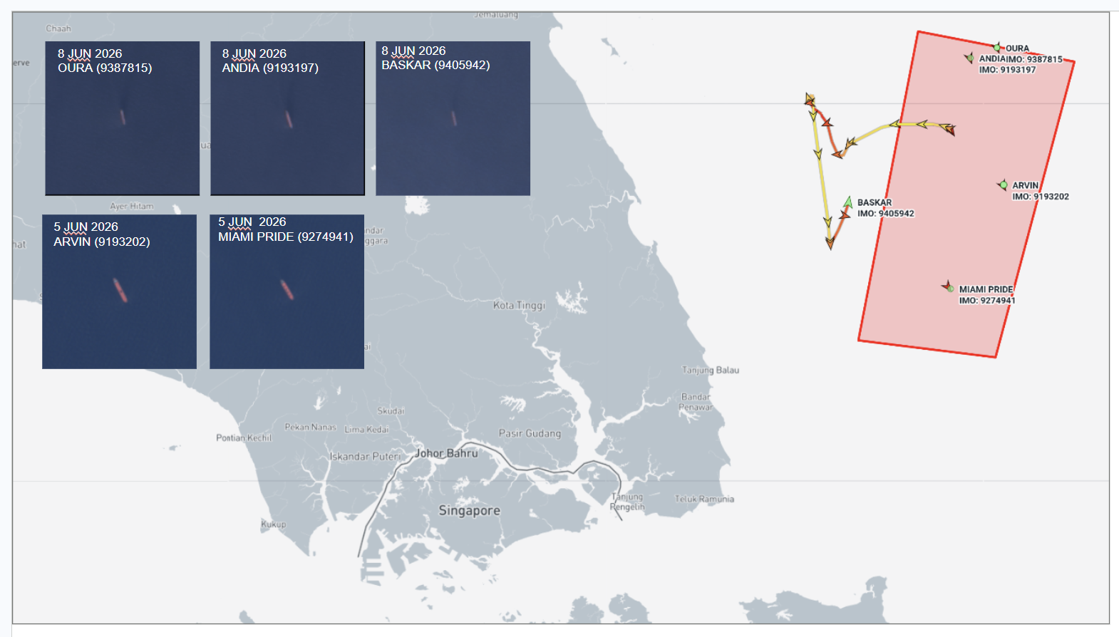 Iran-flagged cargo ships at Malaysian EOPL on June 8 (Credit: Marine Traffic and ESA Copernicus)