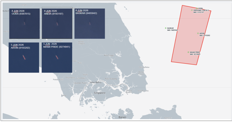 Iran-flagged cargo ships at Malaysian EOPL on June 9 (Credit: Marine Traffic and ESA Copernicus)