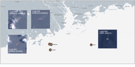 Iran-flagged container ships at Zhuhai, and tankers south of Hong Kong China, on June 8