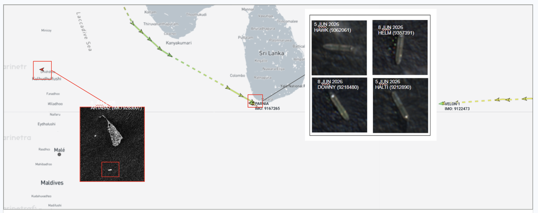 Iran-flagged container ships near the Maldives and Sri Lanka on June 9