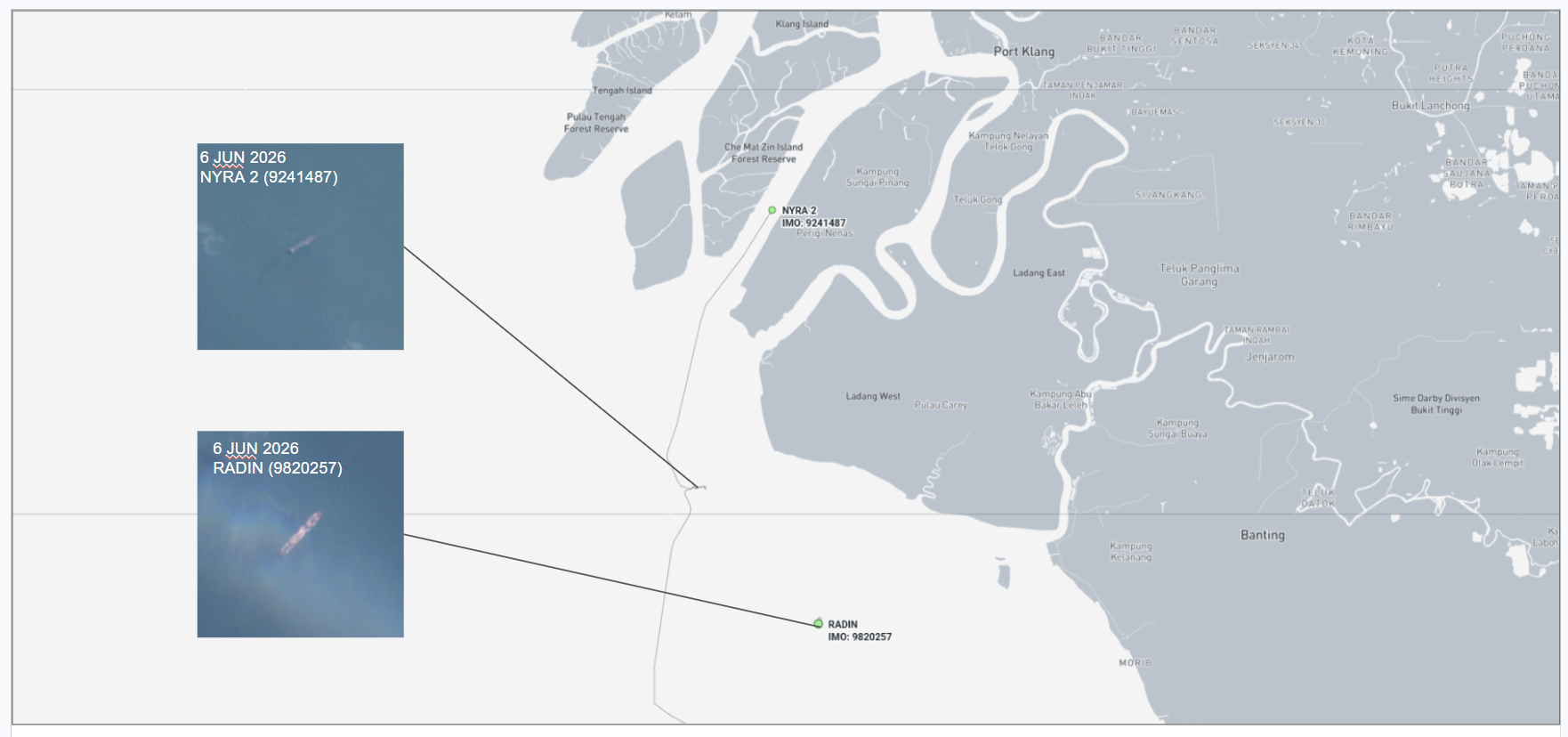 Iran-flagged cargo ships at Port Klang, Malaysia, on June 9 (Credit: Marine Traffic and ESA Copernicus)