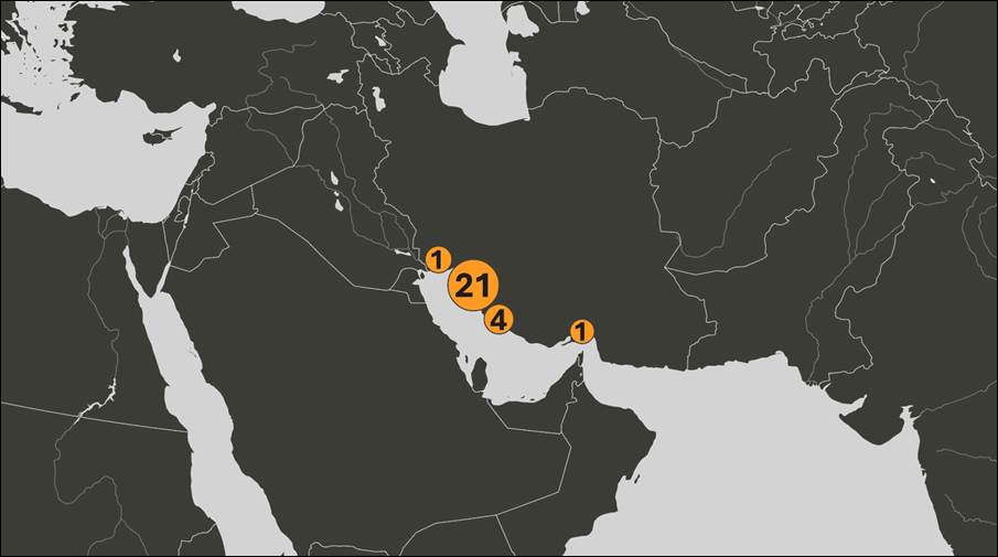 Map of Iranian oil laden tankers in the Persian Gulf on April 1