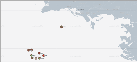 Iran-flagged cargo vessels near Karachi, Pakistan on June 11 (Credit: Marine Traffic)