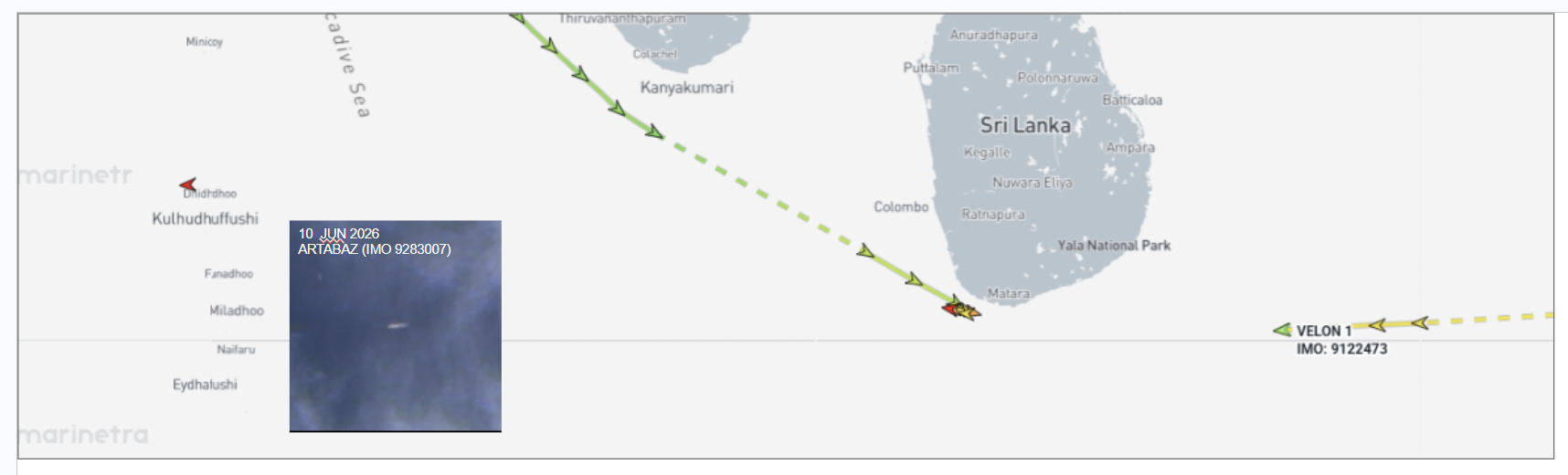 Iran-flagged container ships near the Maldives and Sri Lanka on June 10