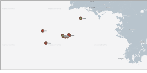 Iran-flagged ships near Karachi, Pakistan on June 15 (Credit: Marine Traffic)