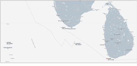 Iran-flagged container ships near southern India, Maldives and Sri Lanka on June 15 (Credit: Marine Traffic)