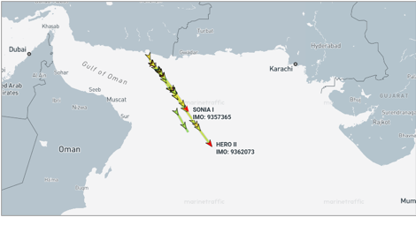 Iranian oil laden tankers transiting out of the Gulf of Oman on June 17 (Credit: Marine Traffic)