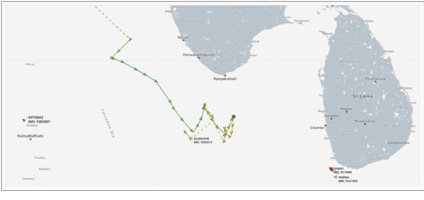 Iran-flagged container ships near southern India, Maldives and Sri Lanka on June 16