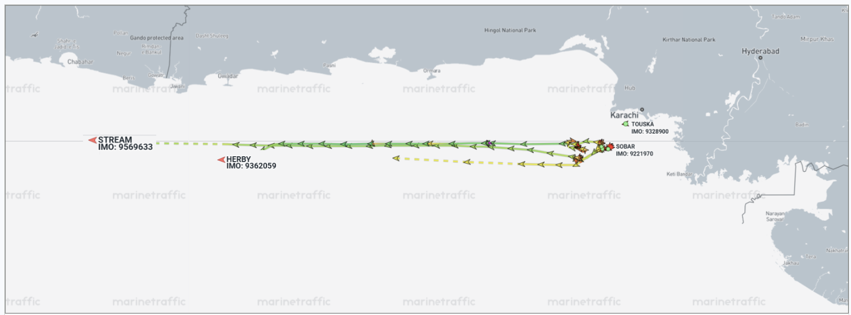 Iran-flagged ships near Karachi, Pakistan on June 17 (Credit: Marine Traffic)