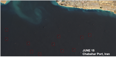Iranian oil laden tankers at Chabahar Port, Iran on June 15 and 22 (Credit: ESA Copernicus)