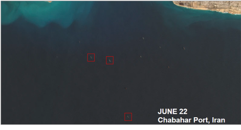 Iranian oil laden tankers at Chabahar Port, Iran on June 15 and 22 (Credit: ESA Copernicus)