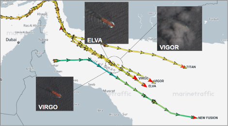 Tankers laden with Iranian hydrocarbons departing Gulf of Oman on June 23 (Credit: Marine Traffic)