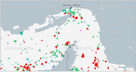 Strait of Hormuz transits on June 29 at 16:50 UTC (Credit: Marine Traffic)