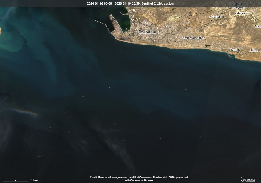 Tankers and cargo ships near Chabahar Port, Iran on April 16 (Credit: ESA Copernicus)