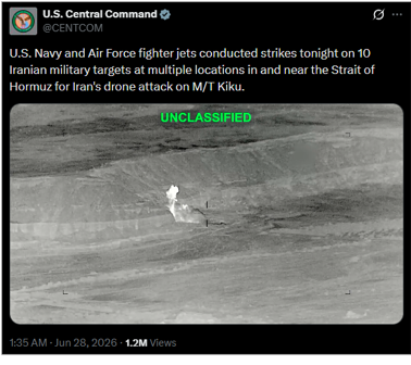 U.S. CENTCOM strikes on Iran on June 28 (U.S. CENTCOM/X)