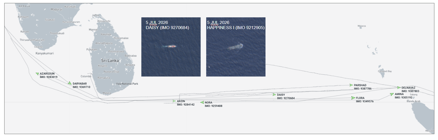 Iran-flagged cargo ship and two tankers near Sri Lanka on July 2 (Credit: Marine Traffic & ESA Copernicus)