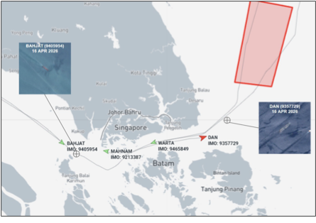 Iran flagged cargo ships and tanker transiting the Singapore Strait, on April 16 (Credit: Marine Traffic)