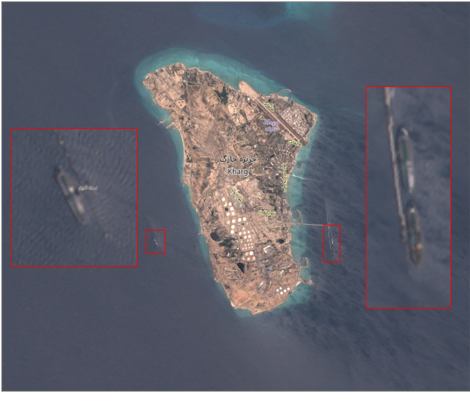 Three tankers loading Iranian crude at Kharg Island on July 7 (Credit: ESA Copernicus)