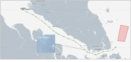 Iran-flagged tanker in Malacca Strait on July 8 (Credit: Marine Traffic & ESA Copernicus)