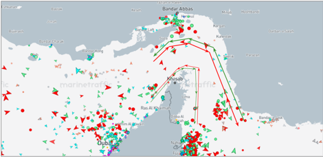 Strait of Hormuz transits on July 8 at 12:00 UTC (Credit: Marine Traffic)