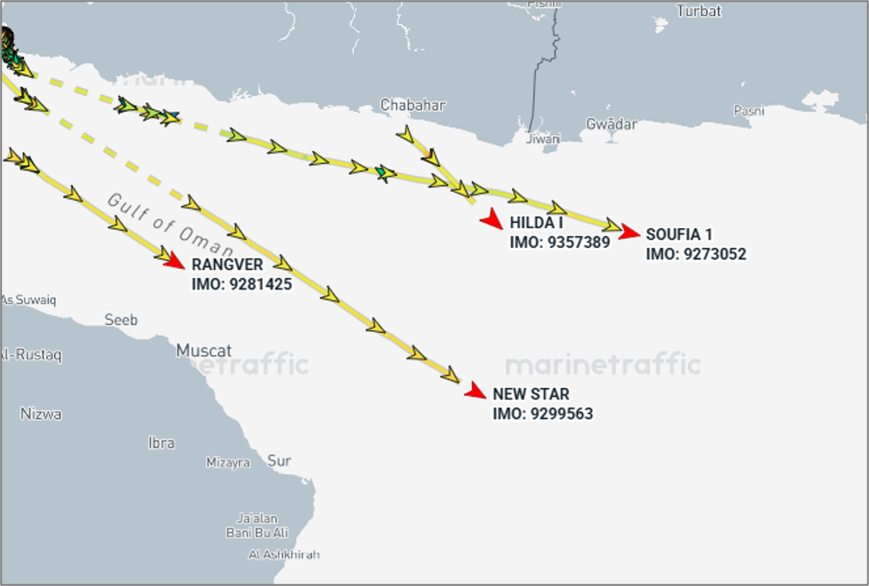 Tankers laden with Iranian oil departing the Gulf of Oman on July 8 