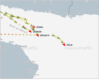 Tankers laden with Iranian oil transiting the Gulf of Oman on July 9