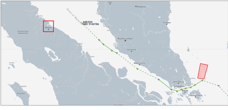 Iran-flagged cargo ship transiting the Malacca Strait on July 9 (Credit: Marine Traffic)