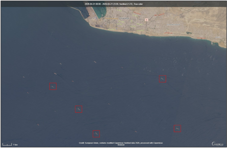 Tankers and cargo ships near Chabahar Port, Iran on April 21(Credit ESA Copernicus)