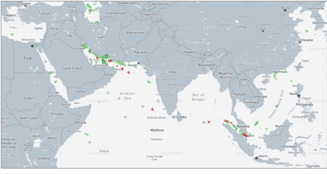Iran-flagged vessels across the Indo-Pacific on July 9 (Credit: Marine Traffic)