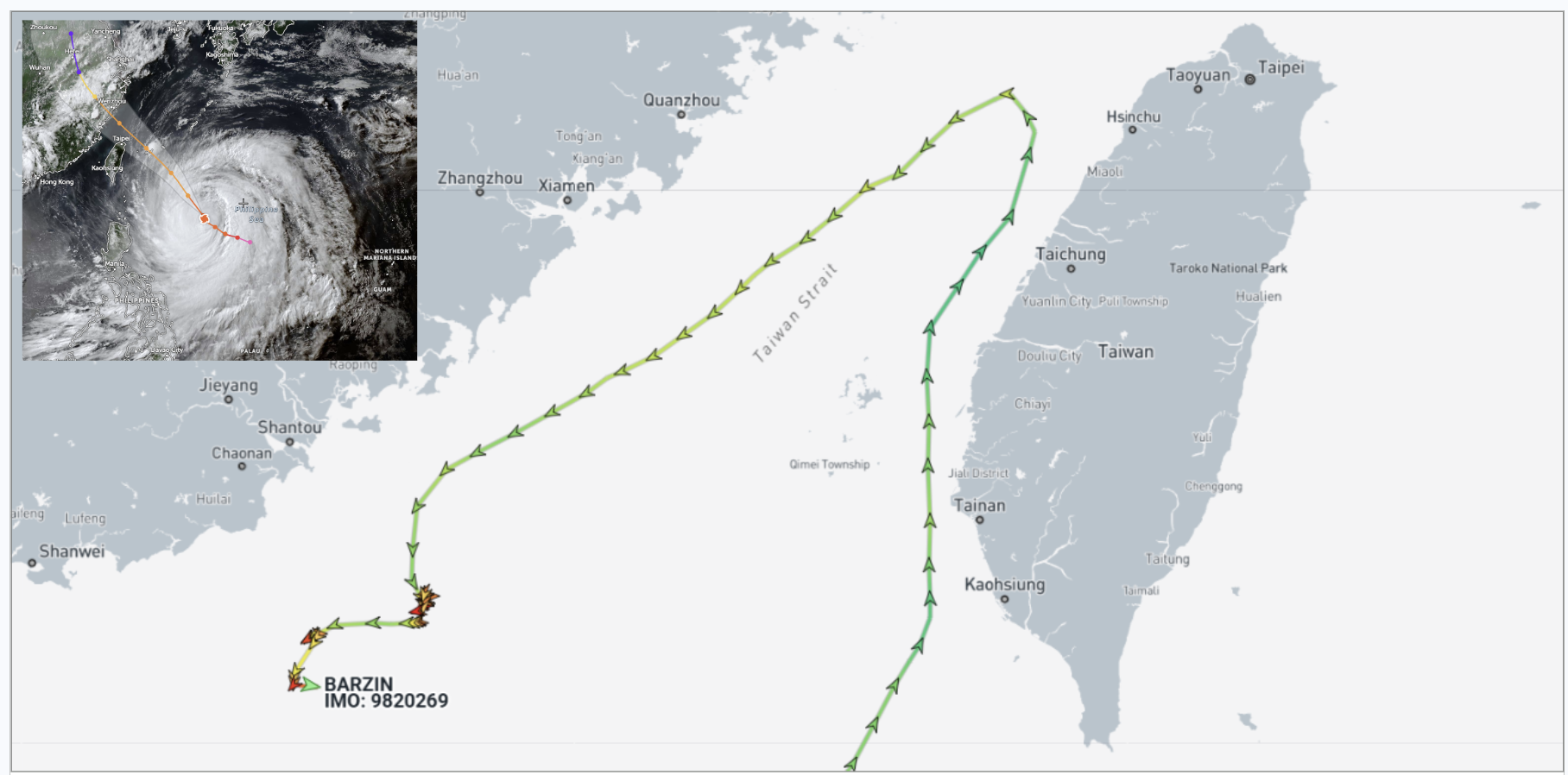 ran-flagged container ship near the Taiwan Strait, on July 9 (Credit: Marine Traffic & Zoom Earth)