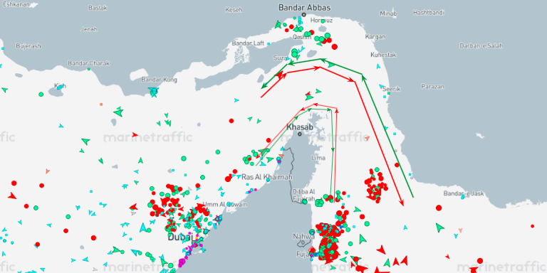 Strait of Hormuz transits on July 27 at 12:00 UTC (Credit: Marine Traffic)