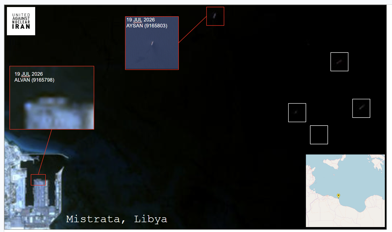 Iran-flagged cargo ships in Libya on July 19 (Credit: LANDSAT via EOS.com)
