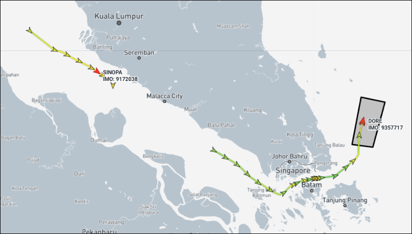 Iranian-flagged tankers transiting the Malacca Strait on March 31