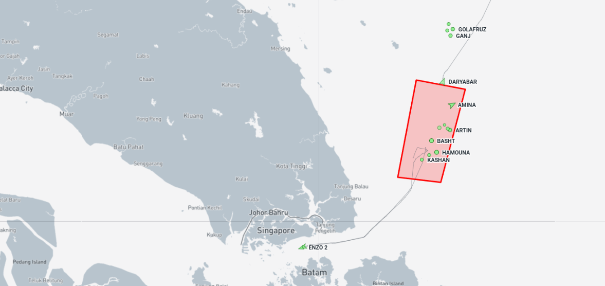 Iran-linked cargo vessels in the Malaysian EOPL and Singapore Straiton on September 4 (Credit: Marine Traffic)