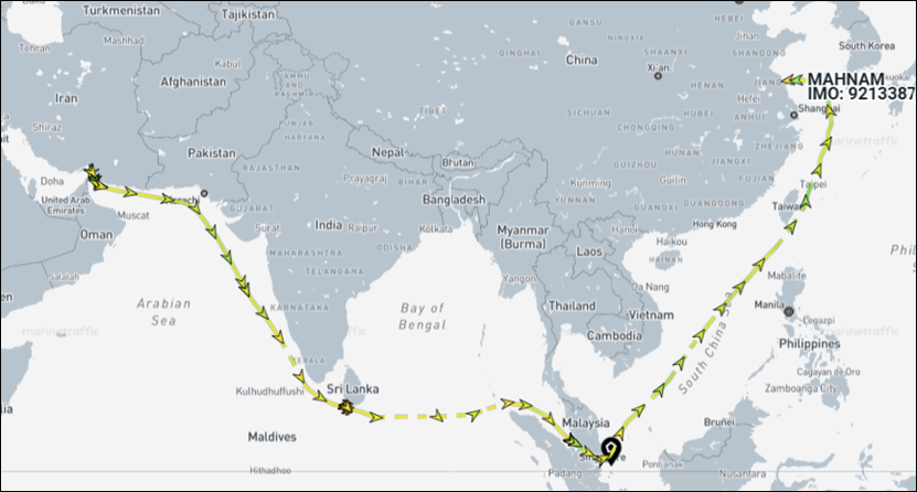 map of iranian-flagged bulk cargo ship route to dafeng china