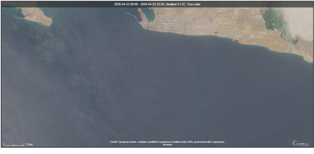 Tankers loitering or anchored near Chabahar Port, Iran on April 23 (Credit: ESA Copernicus)