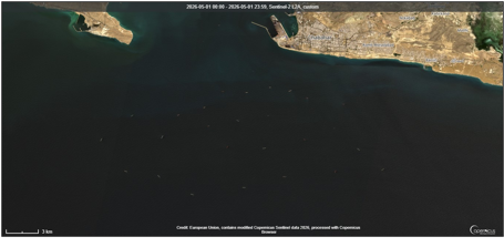 12 Iran flagged tankers, laden with Iranian crude, near Chabahar Port, Iran on May 1 (Credit: ESA Copernicus)