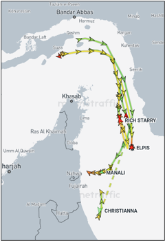 Four vessels turning back towards the Persian Gulf for unconfirmed reasons on April 14 (Credit: Marine Traffic)