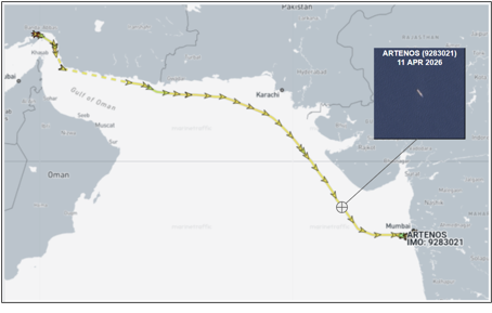Iran flagged container ship arriving at Mumbai, India, April 13 (Credit: Marine Traffic and ESA Copernicus)