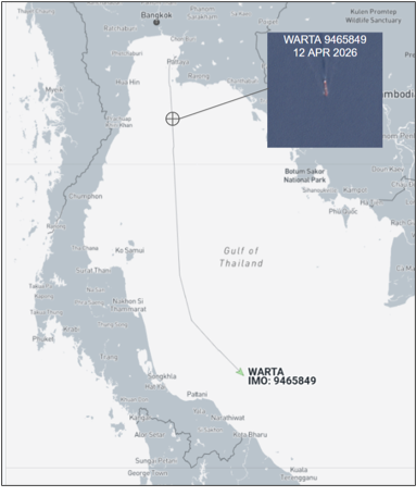 Iran flagged bulk carrier transiting the Gulf of Thailand, April 12-13 (Credit: Marine Traffic and ESA Copernicus)
