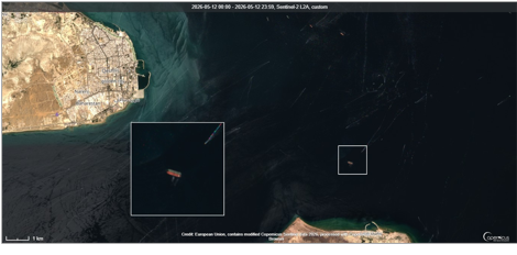 STS of Iranian fuel oil in the Strait of Hormuz on May 12 (Credit: ESA Copernicus)