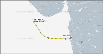 Iran flagged container ship departing Mumbai, India, April 14 (Credit: Marine Traffic)