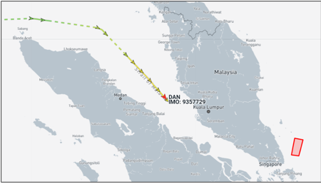 Iran flagged tanker transiting the Malacca Strait, on April 14 (Credit: Marine Traffic)