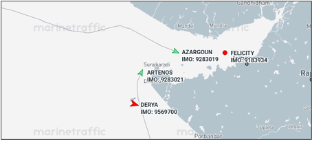 Iran flagged container ships and Iran oil laden tankers near Gujarat, India on April 15  (Credit: Marine Traffic)