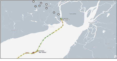 Iran flagged container ships near Gujarat, India on April 16 (Credit: Marine Traffic)